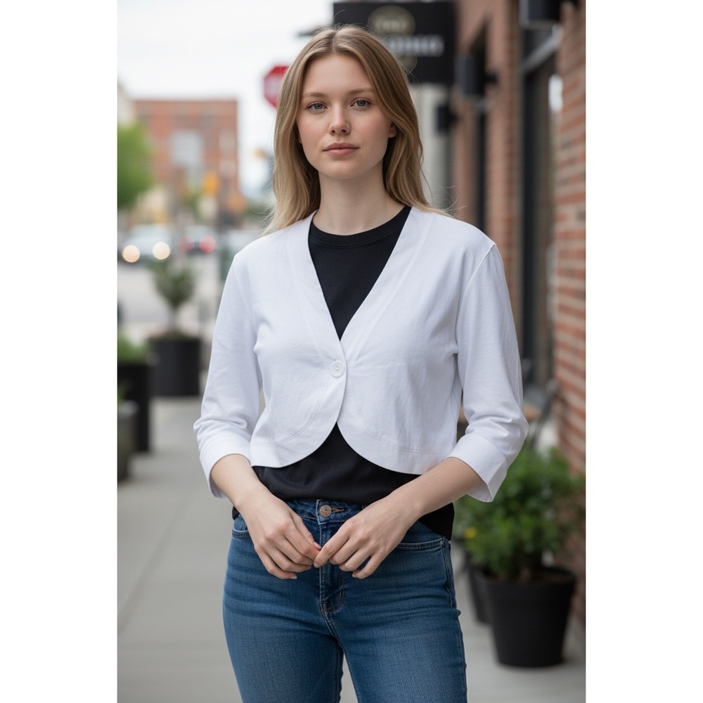 Victorias Secret VTG White Cotton Cropped Cardigan Shrug 3/4 Sleeve Y2K L